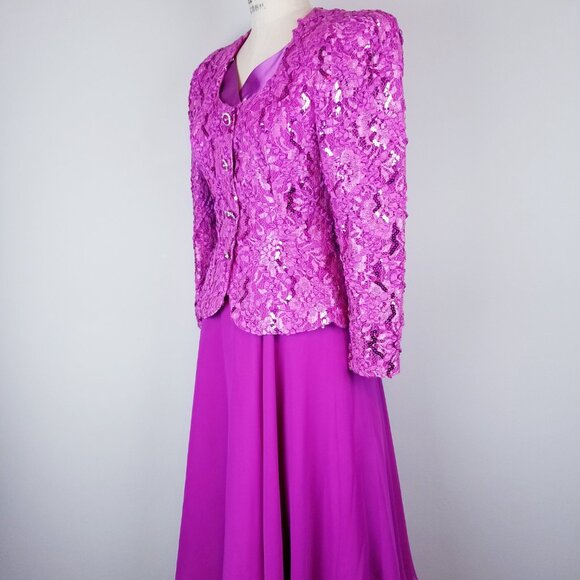 Vintage 1980's Fuchsia Sequin Ruffled Blouse & Skirt Set by Nancy Bracoloni - Picture 5 of 15